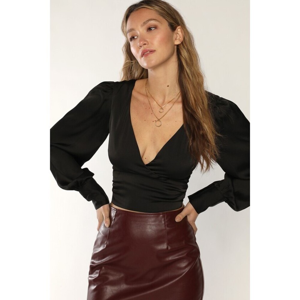 Lulus NWT - Chic Revival Black Satin Balloon Sleeve Tie Back Top - Size S